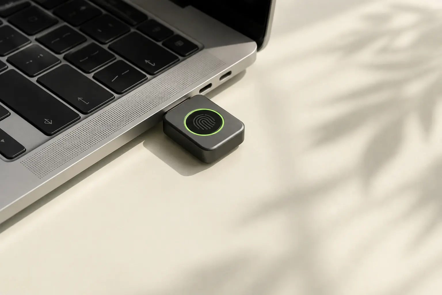 TinyDigit One branché au port USB-C d’un ordinateur, sur un bureau ensoleillé.